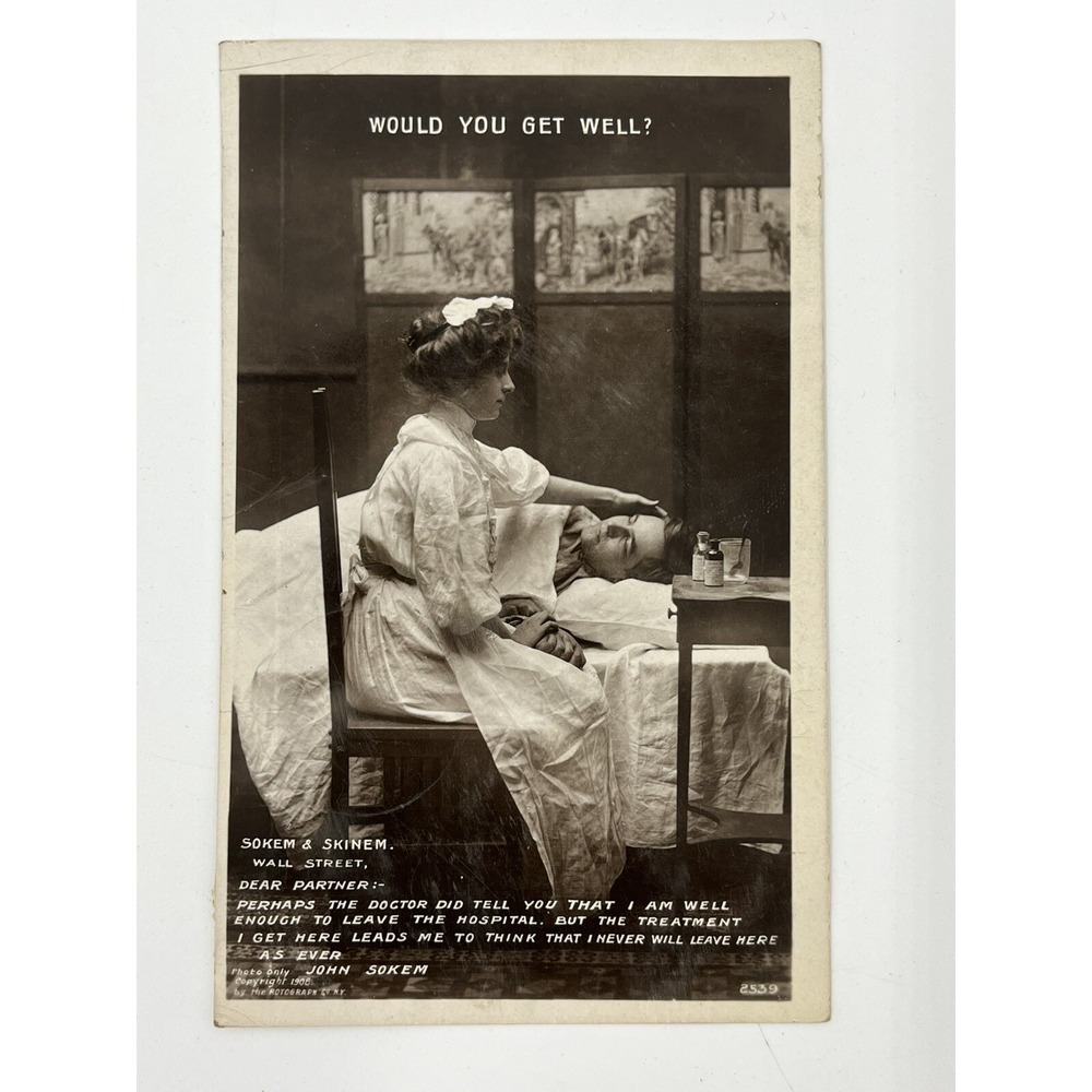 Antique Sokem and Skinem Vintage Postcard Get Well Humorous Nurse 1910